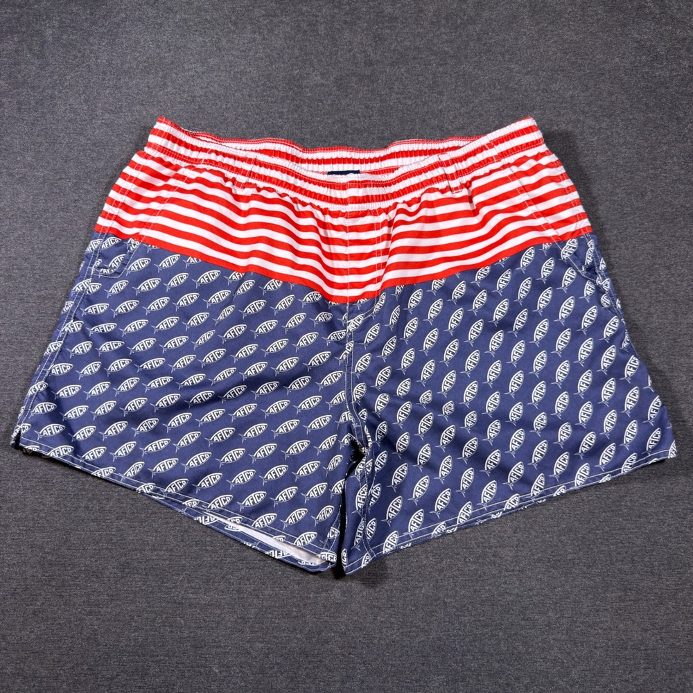 AFTCO Swim Trunks Men XL‎ Blue Red Patriotic Flag Fish Print Board Shorts USA
